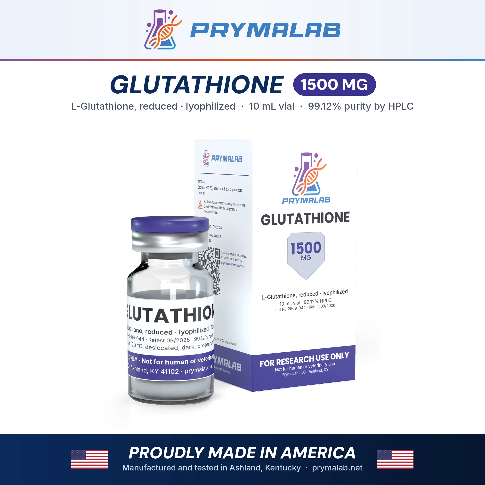Glutathione 1500 mg lyophilized research peptide vial with carton – PrymaLab, made and tested in the USA