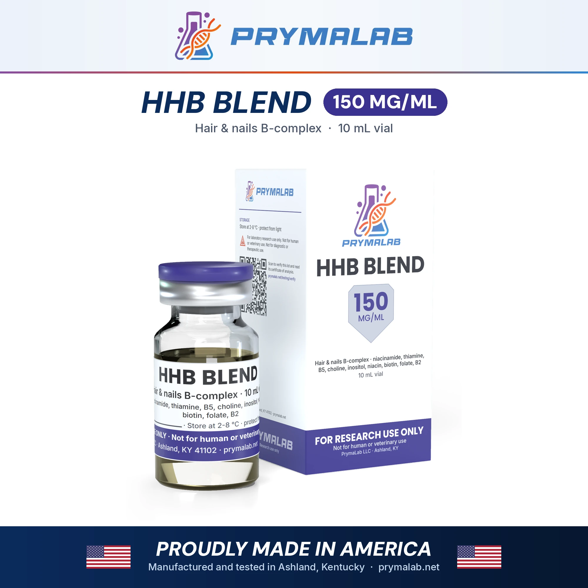 HHB Blend 150 mg/mL 10 mL vial research blend with carton – PrymaLab, made and tested in the USA