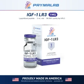 IGF-1 LR3 1 mg lyophilized research peptide vial with carton – PrymaLab, made and tested in the USA