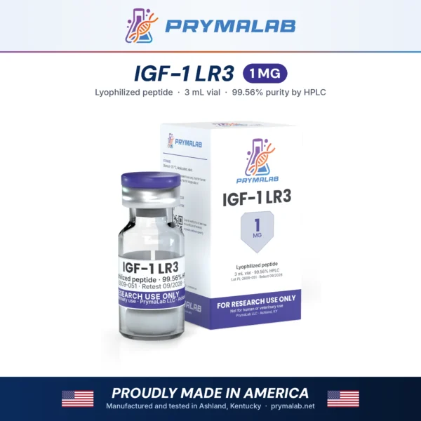 IGF-1 LR3 1 mg lyophilized research peptide vial with carton – PrymaLab, made and tested in the USA
