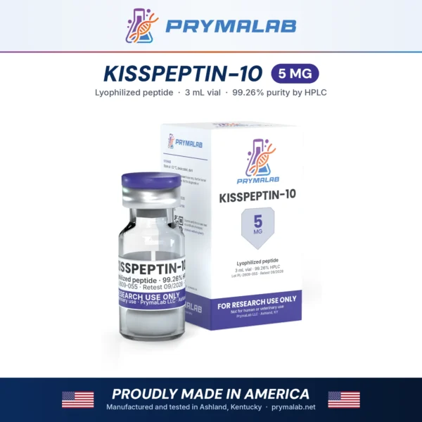 KISSPEPTIN-10 5 mg lyophilized research peptide vial with carton – PrymaLab, made and tested in the USA