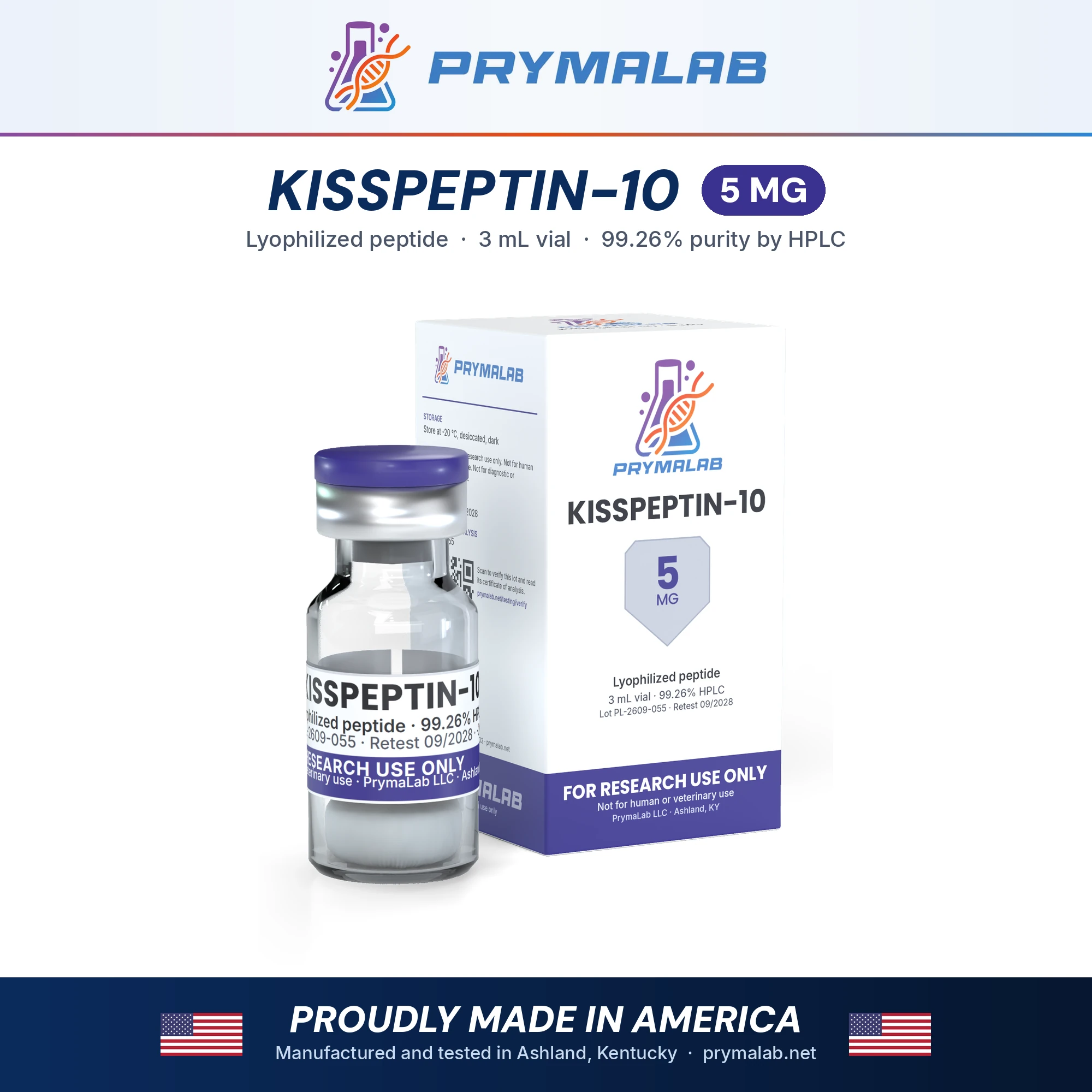 KISSPEPTIN-10 5 mg lyophilized research peptide vial with carton – PrymaLab, made and tested in the USA