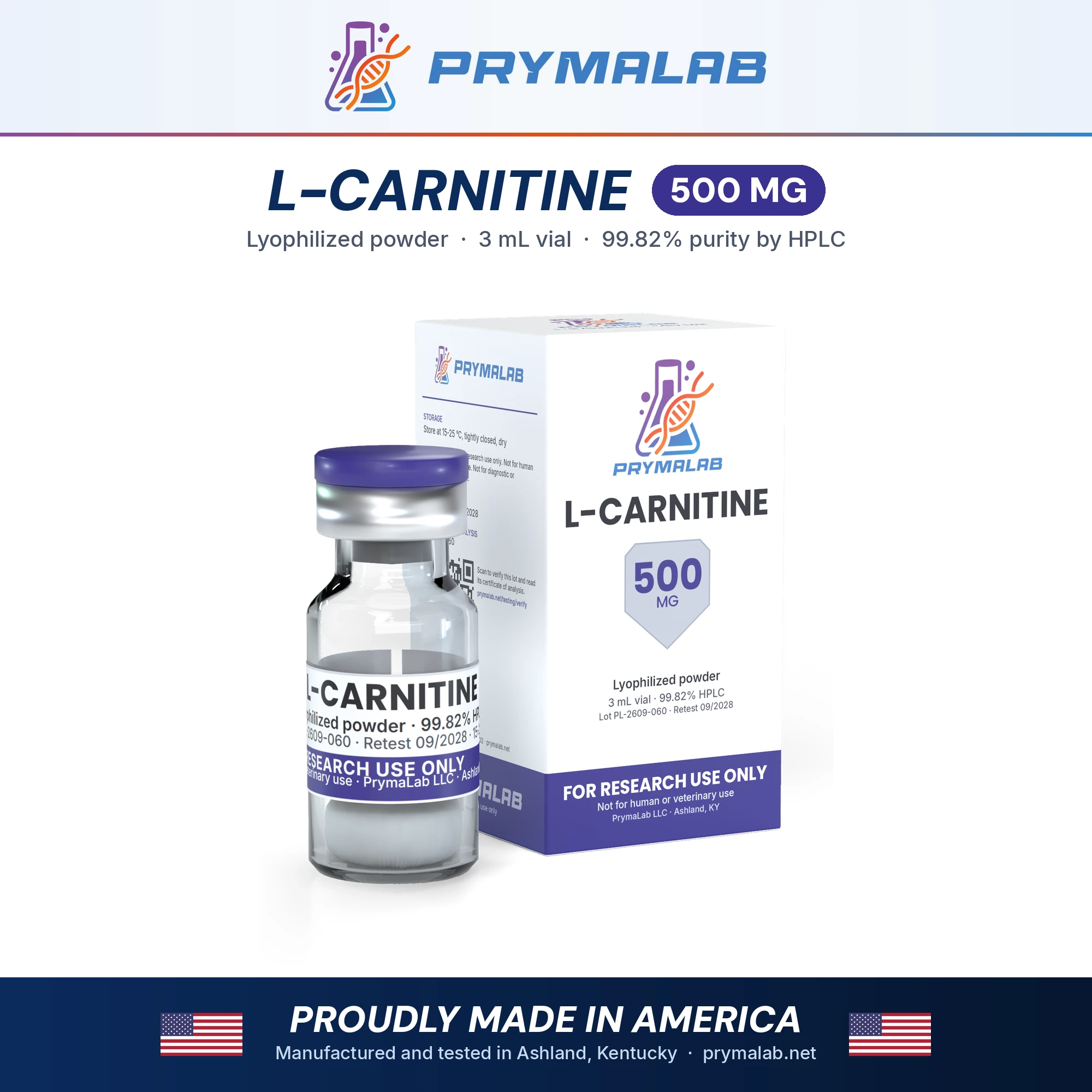 L-CARNITINE 500 mg lyophilized research peptide vial with carton – PrymaLab, made and tested in the USA