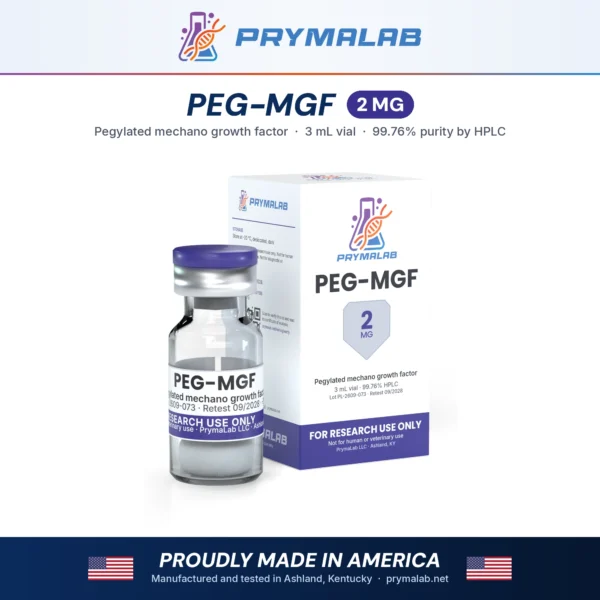 PEG-MGF 2 mg lyophilized research peptide vial with carton – PrymaLab, made and tested in the USA