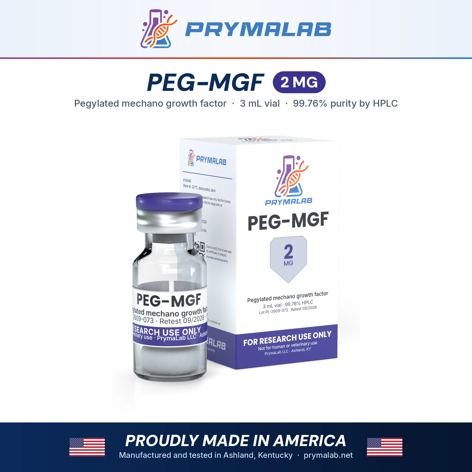 PEG-MGF 2 mg lyophilized research peptide vial with carton – PrymaLab, made and tested in the USA