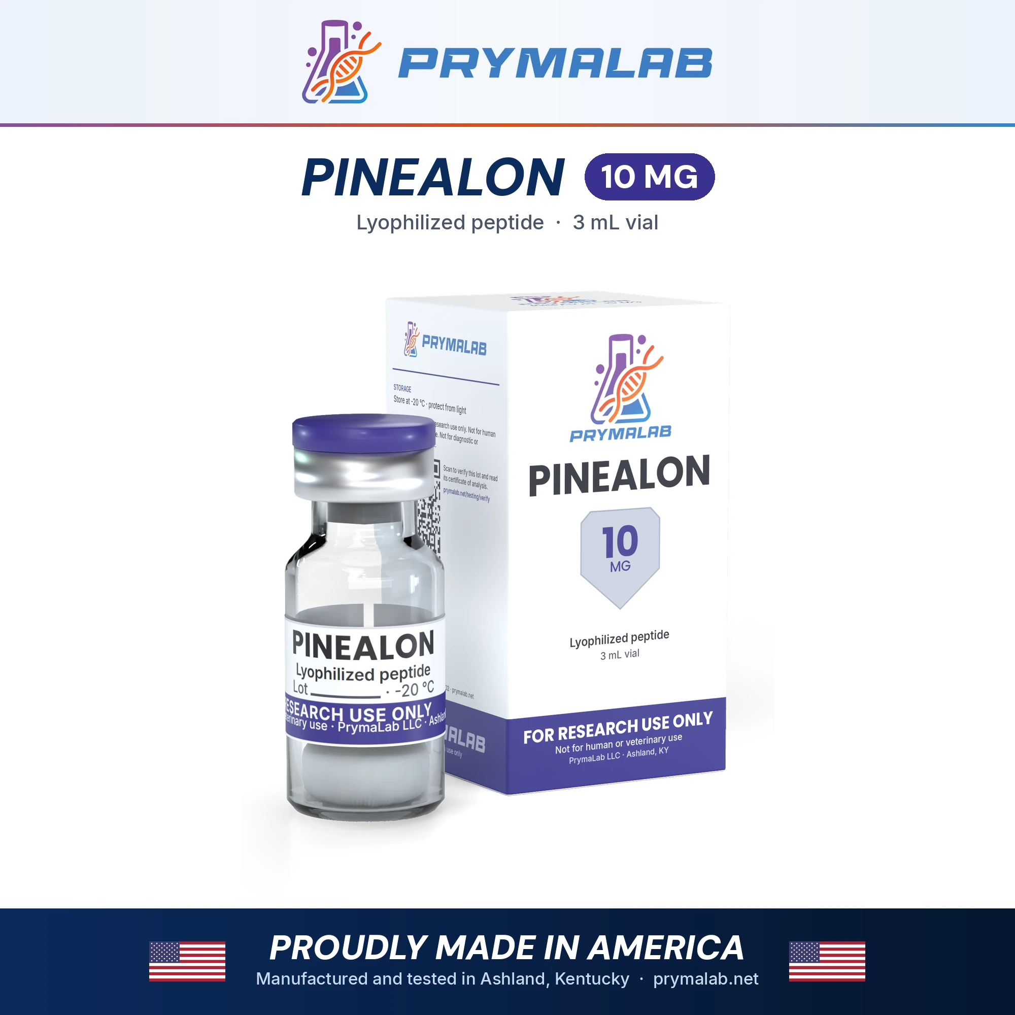 Pinealon 10 mg lyophilized research peptide vial with carton – PrymaLab, made and tested in the USA