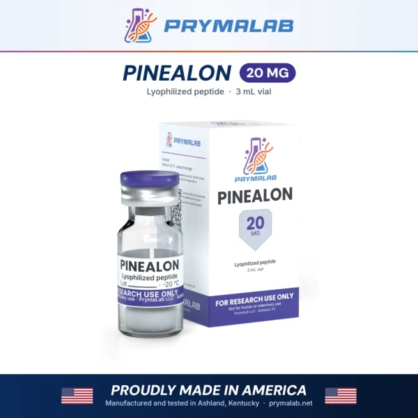 Pinealon 20 mg lyophilized research peptide vial with carton – PrymaLab, made and tested in the USA