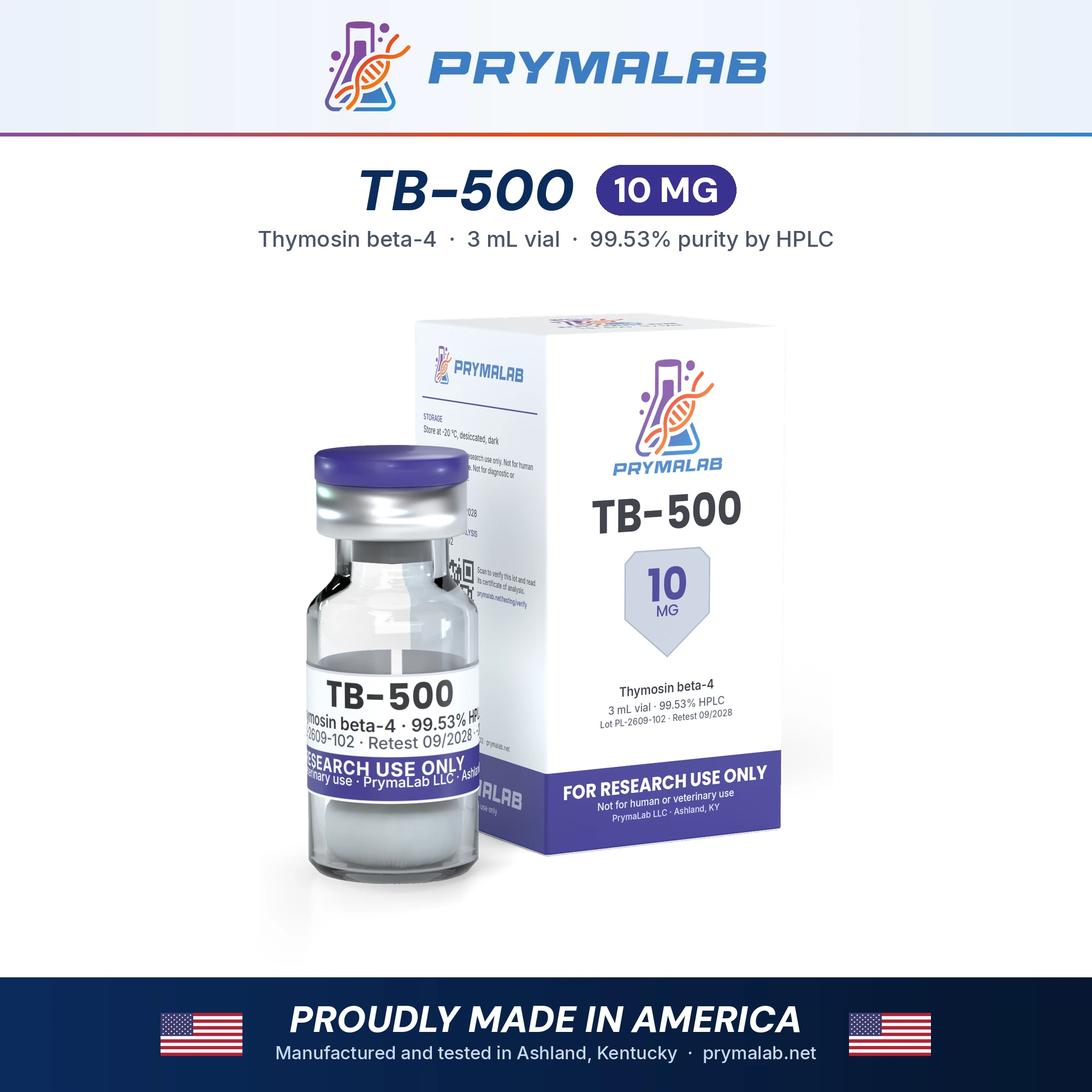 TB-500 10 mg lyophilized research peptide vial with carton – PrymaLab, made and tested in the USA