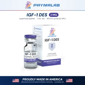 IGF-1 DES 2 mg lyophilized research peptide vial with carton – PrymaLab, made and tested in the USA