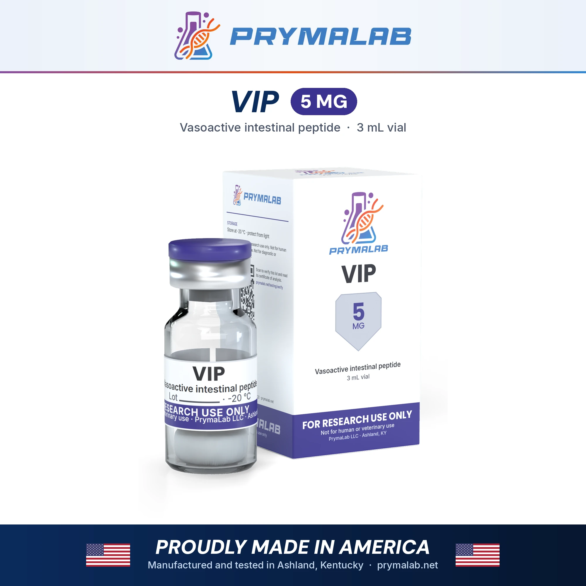 VIP 5 mg lyophilized research peptide vial with carton – PrymaLab, made and tested in the USA