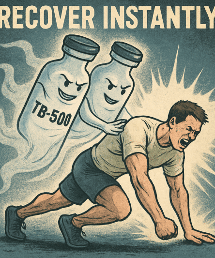 a ghost of a vial tb-500 and BPC-157 pushing a man to recover instantly