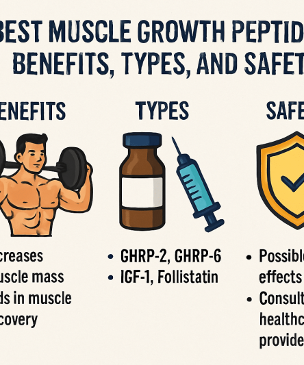 A visual guide representing the best muscle growth peptides, highlighting benefits, types, and safety protocols for fitness enthusiasts.