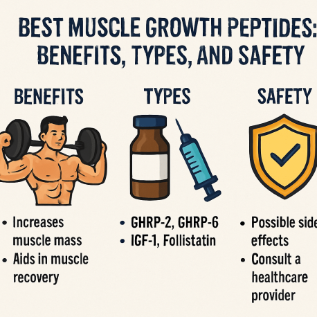 A visual guide representing the best muscle growth peptides, highlighting benefits, types, and safety protocols for fitness enthusiasts.