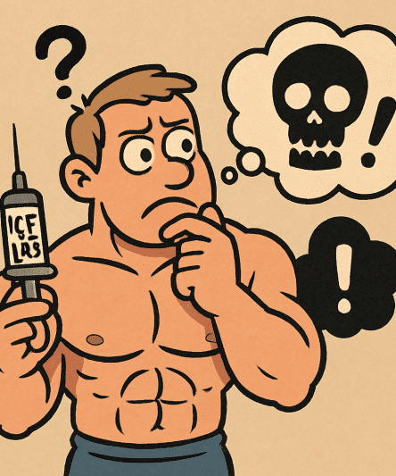 Create a cartoon character that represents the following sentiment: " Explore the benefits and risks of igf1 lr3, a powerful peptide for muscle growth with severe potential dangers, including serious side effects. "