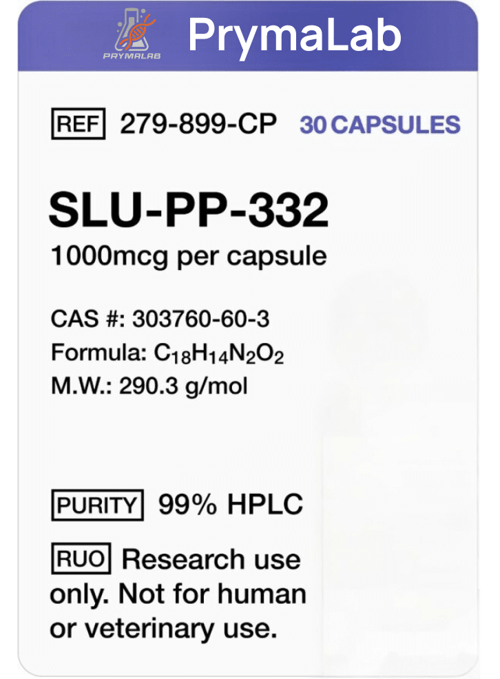 Side and label view of SLU‑PP‑332 1000mg 30‑count capsule bottle