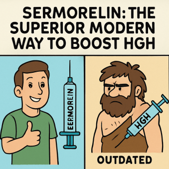 Cartoon infographic comparing a caveman using HGH to a modern man utilizing sermorelin benefits, highlighting the evolution of safer sermorelin dosage and reduced sermorelin side effects.