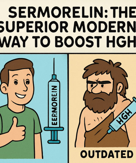 Cartoon infographic comparing a caveman using HGH to a modern man utilizing sermorelin benefits, highlighting the evolution of safer sermorelin dosage and reduced sermorelin side effects.