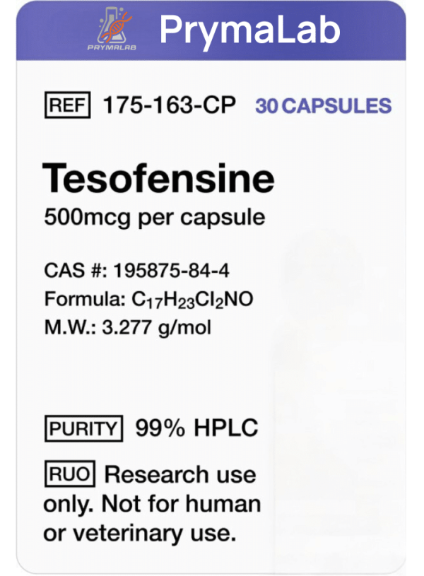 Close‑up side view of Tesofensine 500mcg 30‑count capsule bottle and label