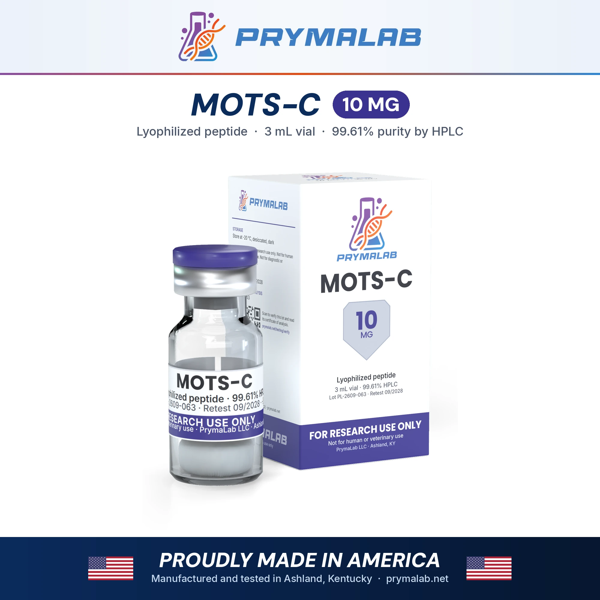 MOTS-C 10 mg lyophilized research peptide vial with carton – PrymaLab, made and tested in the USA