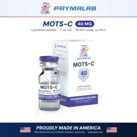 MOTS-C 40 mg lyophilized research peptide vial with carton – PrymaLab, made and tested in the USA