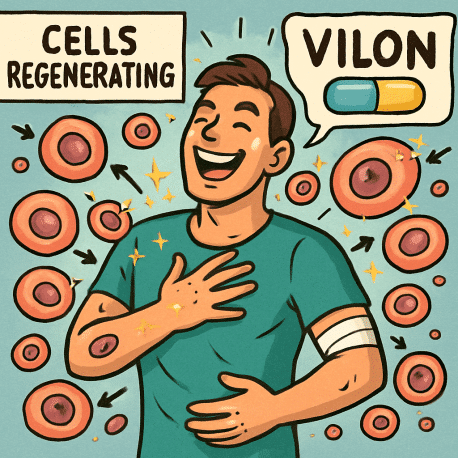 A scientific illustration of the bioregulator peptide Vilon supporting immune function and cellular regeneration.