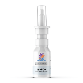 TB-500 peptide nasal spray bottle front view showing label and dosage information for tissue repair research