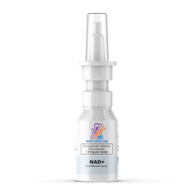 NAD+ nasal spray bottle front view showing label and dosage information for cellular energy and anti-aging research