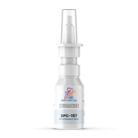 BPC-157 peptide nasal spray bottle front view showing label and dosage information.