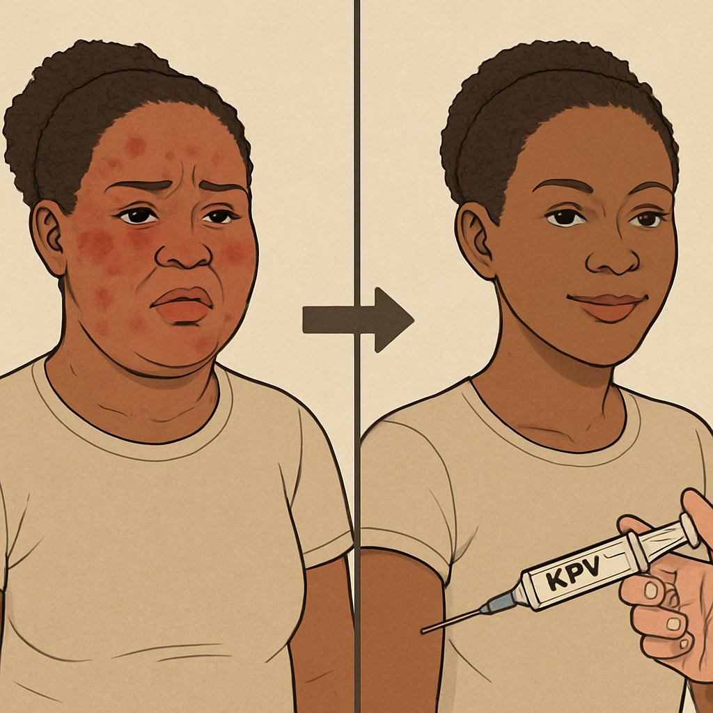 image of an inflamed black woman who is no longer inflamed because of the peptide KPV, before and after shot.