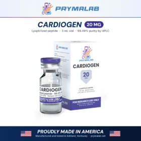 Cardiogen 20 mg lyophilized research peptide vial with carton โ PrymaLab, made and tested in the USA