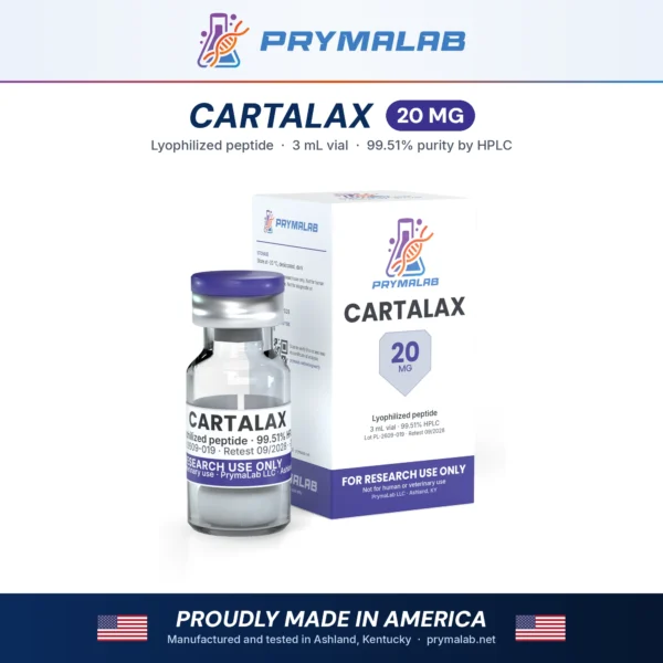 Cartalax 20 mg lyophilized research peptide vial with carton – PrymaLab, made and tested in the USA