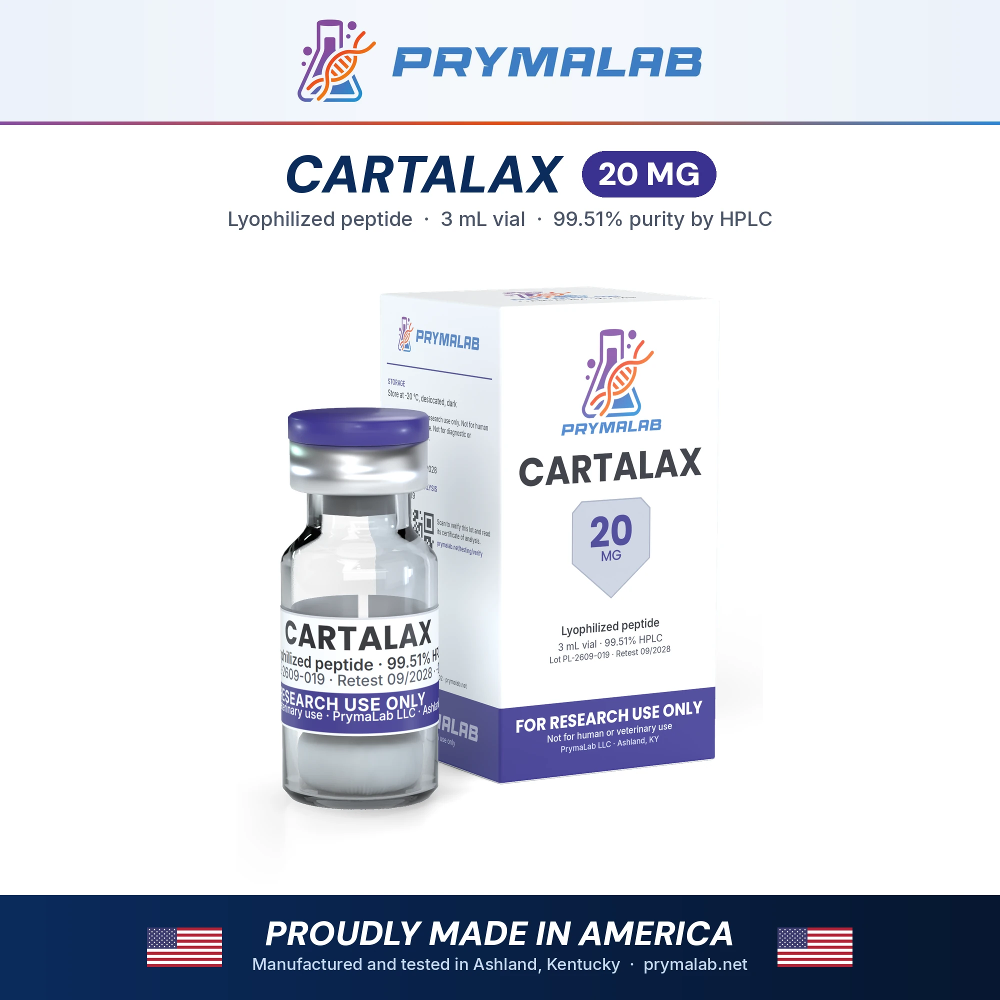 Cartalax 20 mg lyophilized research peptide vial with carton – PrymaLab, made and tested in the USA