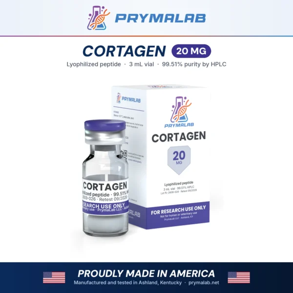Cortagen 20 mg lyophilized research peptide vial with carton – PrymaLab, made and tested in the USA