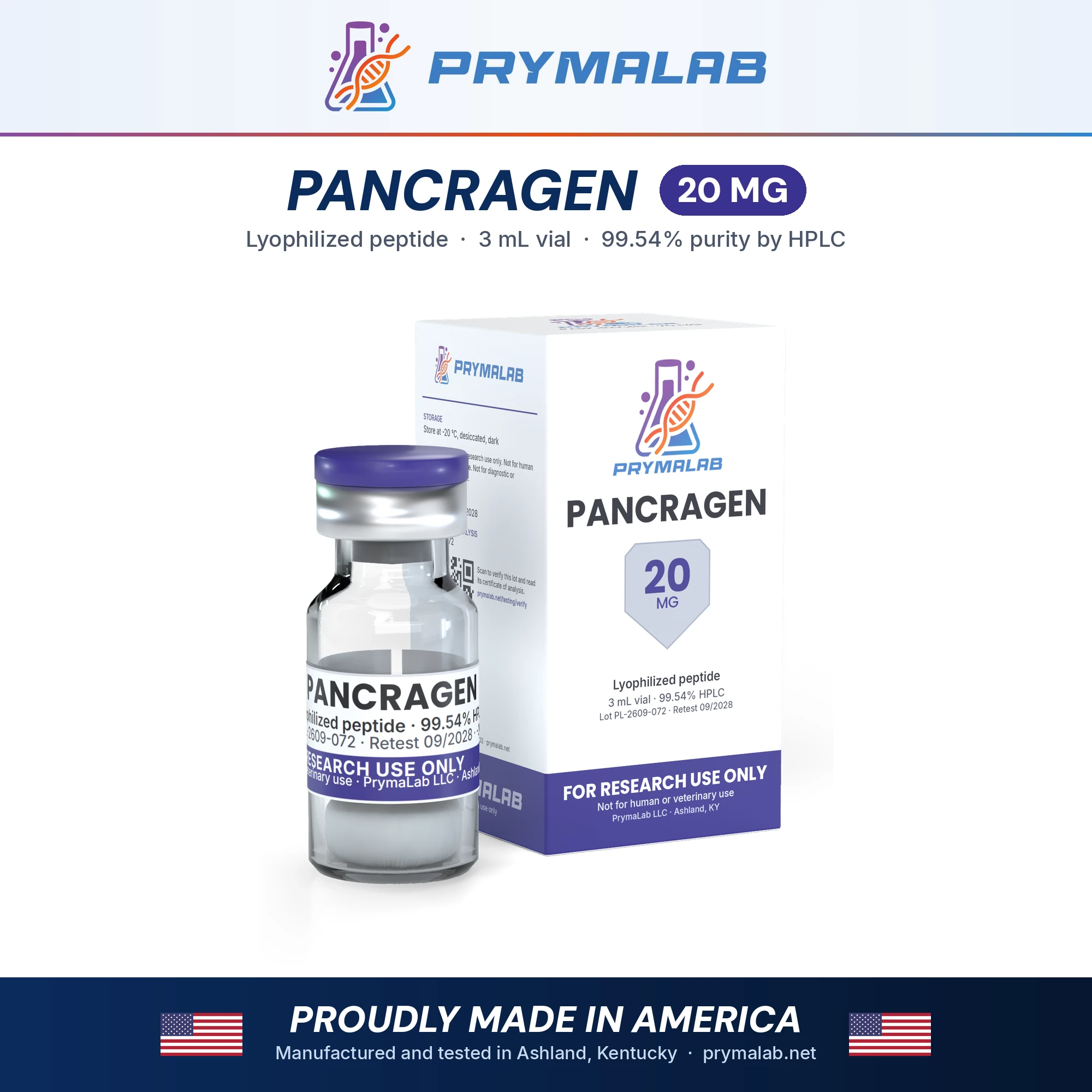 Pancragen 20 mg lyophilized research peptide vial with carton – PrymaLab, made and tested in the USA