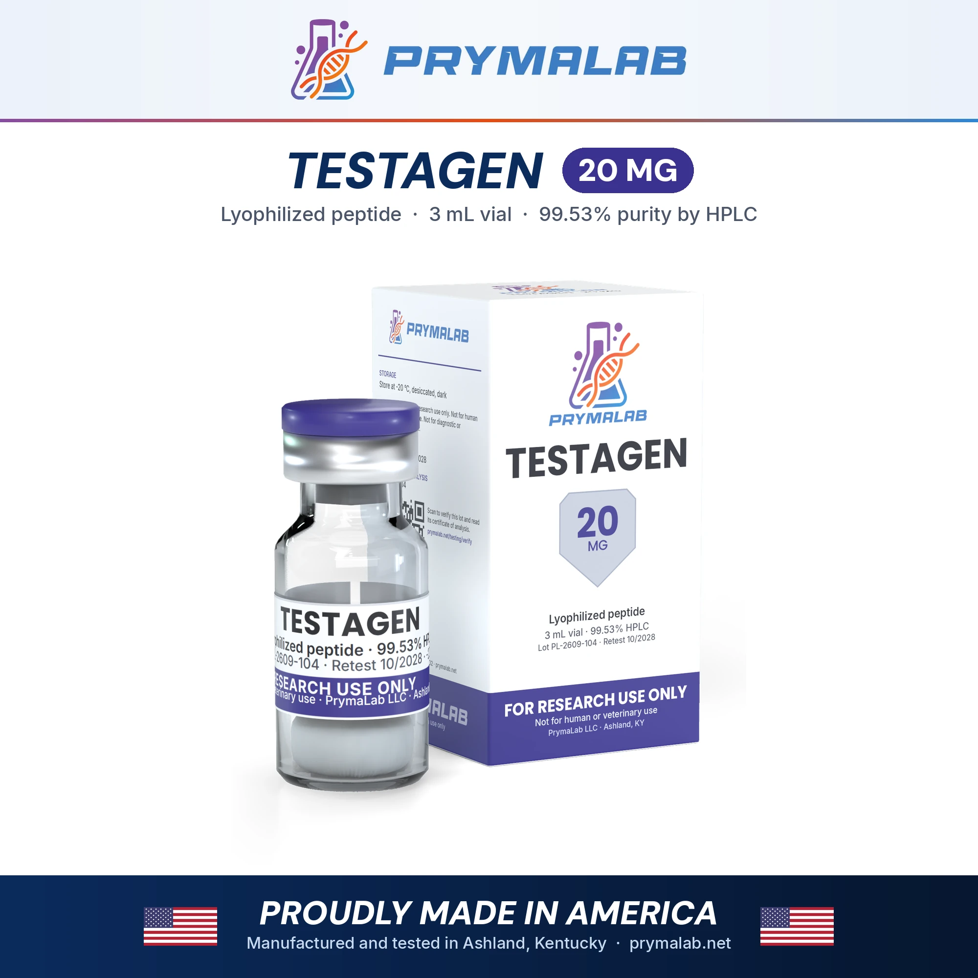 Testagen 20 mg lyophilized research peptide vial with carton – PrymaLab, made and tested in the USA