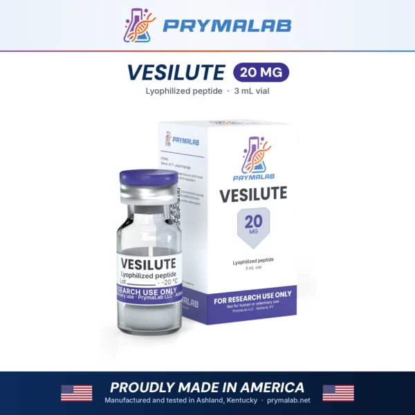 Vesilute 20 mg lyophilized research peptide vial with carton – PrymaLab, made and tested in the USA