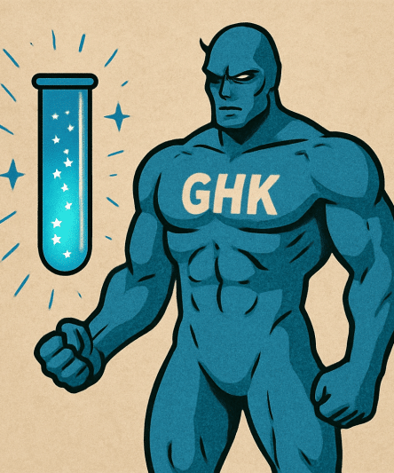 GHK-Cu peptide vial and syringe with dosage chart showing injection protocols for skin rejuvenation and hair growth