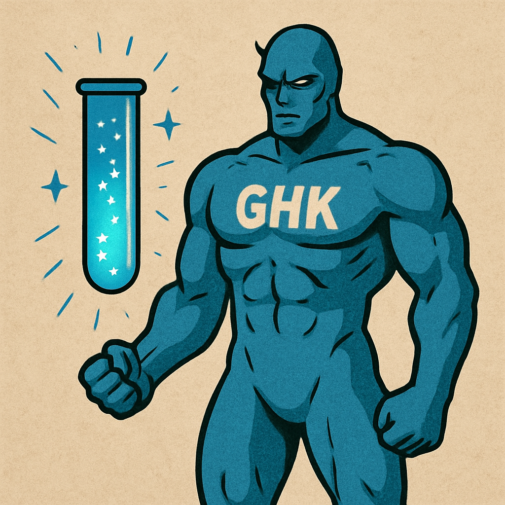 GHK-Cu peptide vial and syringe with dosage chart showing injection protocols for skin rejuvenation and hair growth