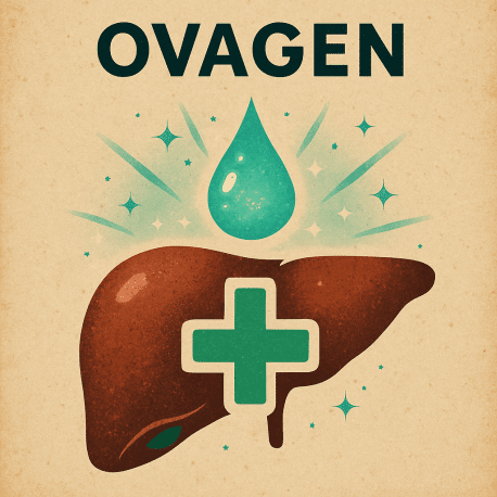 Ovagen peptide capsules for liver health with dosage cycling chart showing 10-20 day protocols repeated 2-3 times per year