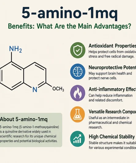 An educational infographic detailing the primary health benefits of 5-Amino-1MQ, listing key advantages such as NNMT enzyme inhibition, enhanced cellular metabolism, targeted fat loss, and muscle tissue preservation.