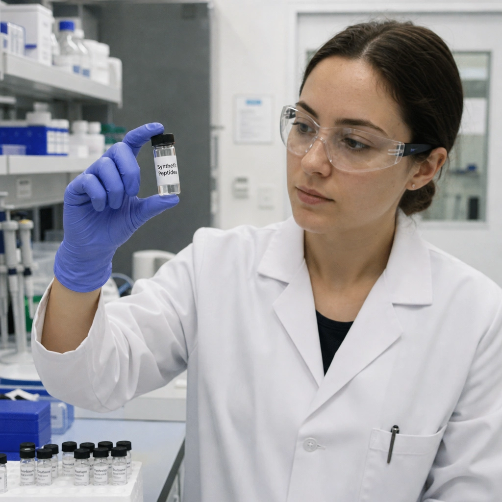 A biochemist scientist holding a vial of synthetic peptide