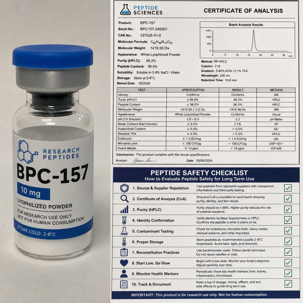 Research-grade peptide vials beside an HPLC chromatogram and Certificate of Analysis, illustrating how to buy high-quality research peptides