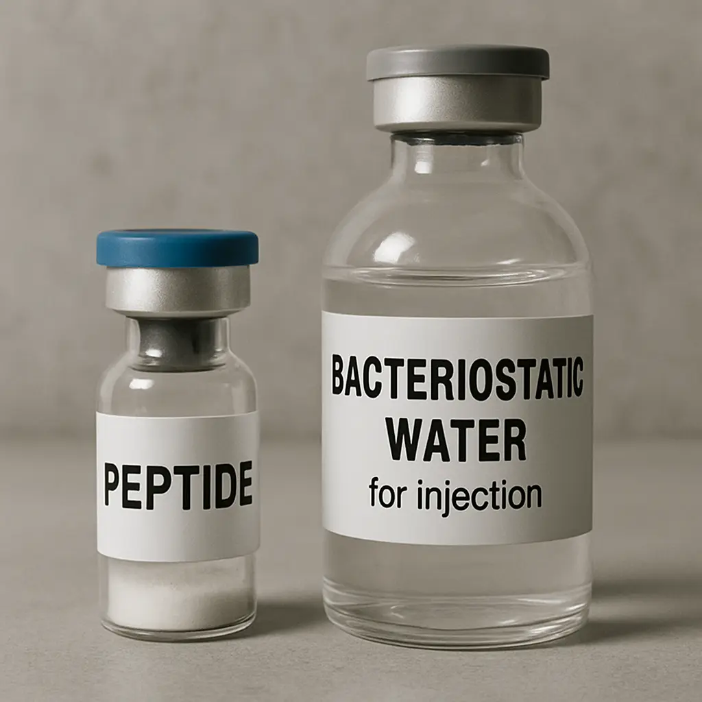 A lyophilized BPC-157 peptide vial beside a bottle of bacteriostatic water and a sterile syringe, illustrating reconstitution.