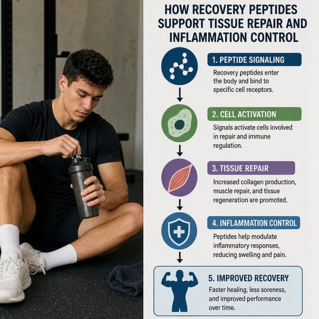 Athlete recovering after training beside a diagram of how recovery peptides support tissue repair and inflammation control