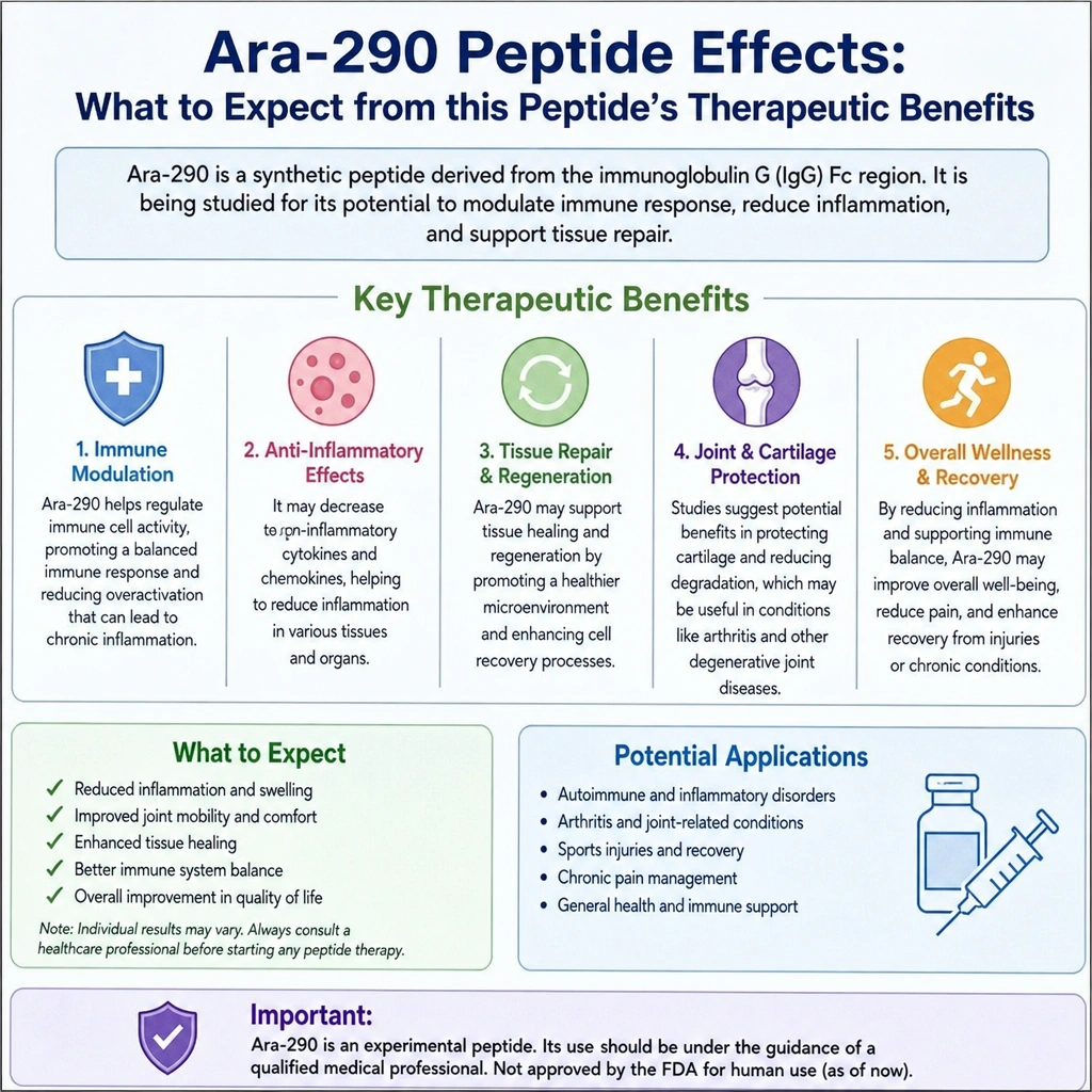 An informational infographic outlining the clinical effects of the ARA-290 peptide, highlighting its therapeutic benefits for neuropathic pain relief, tissue regeneration, and inflammation reduction through innate repair receptor activation.