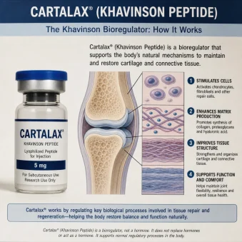 Cartalax peptide vial next to a human joint cartilage and connective tissue illustration explaining how Khavinson bioregulators work.