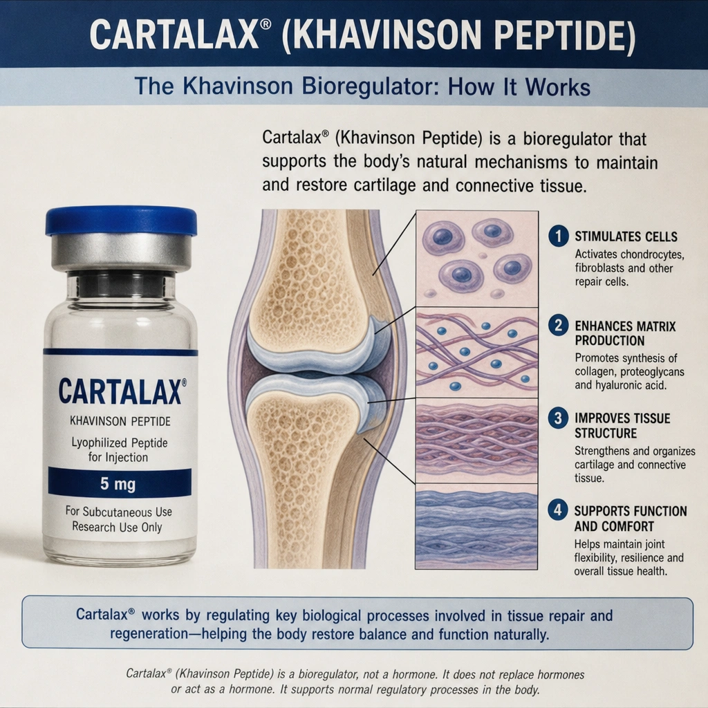 Cartalax peptide vial next to a human joint cartilage and connective tissue illustration explaining how Khavinson bioregulators work.