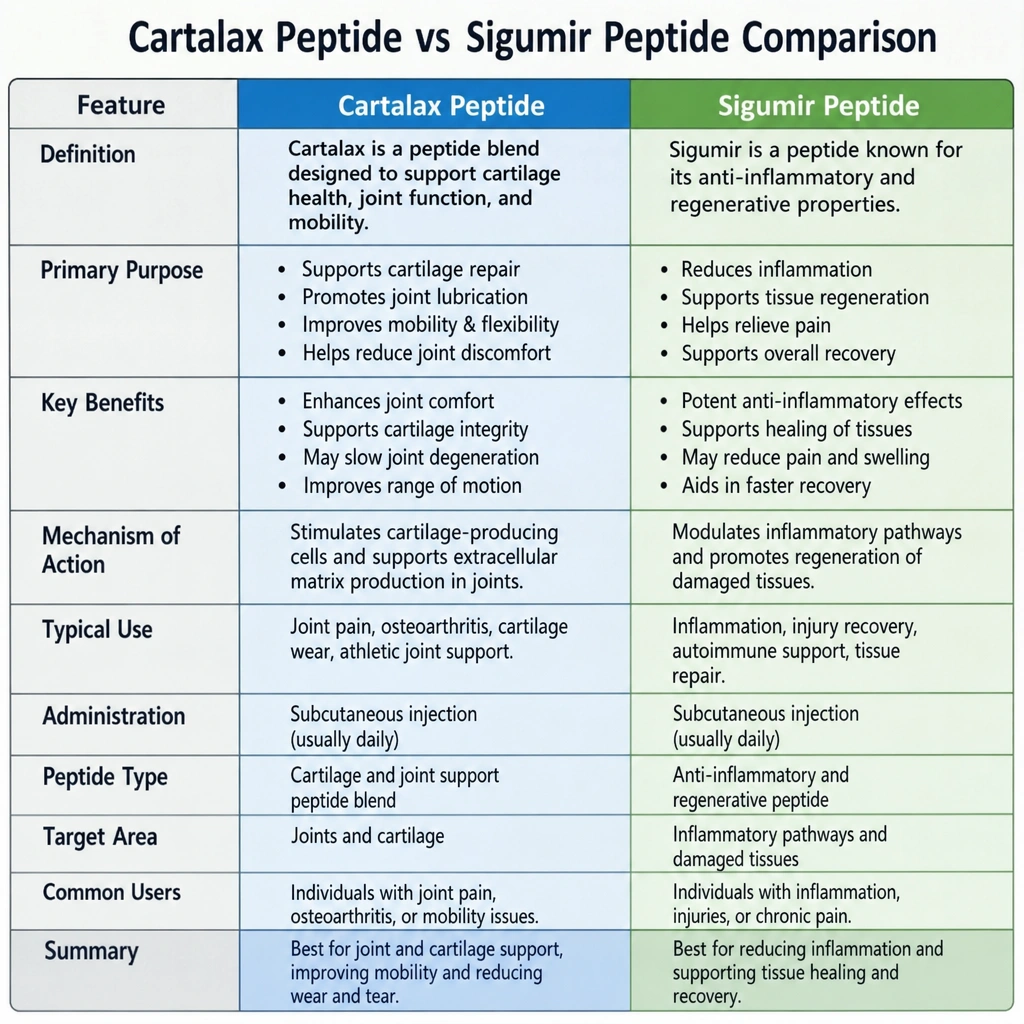 Diagram explaining how Cartalax peptide is different from sigumir peptide
