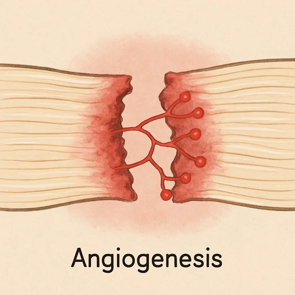 Diagram of BPC-157 angiogenesis: new red micro-blood vessels bridging a gap in a damaged white-tissue tendon.
