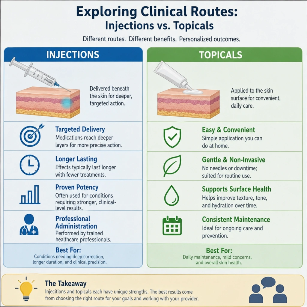 A infographic comparing the differences between injection vs topical peptide administration